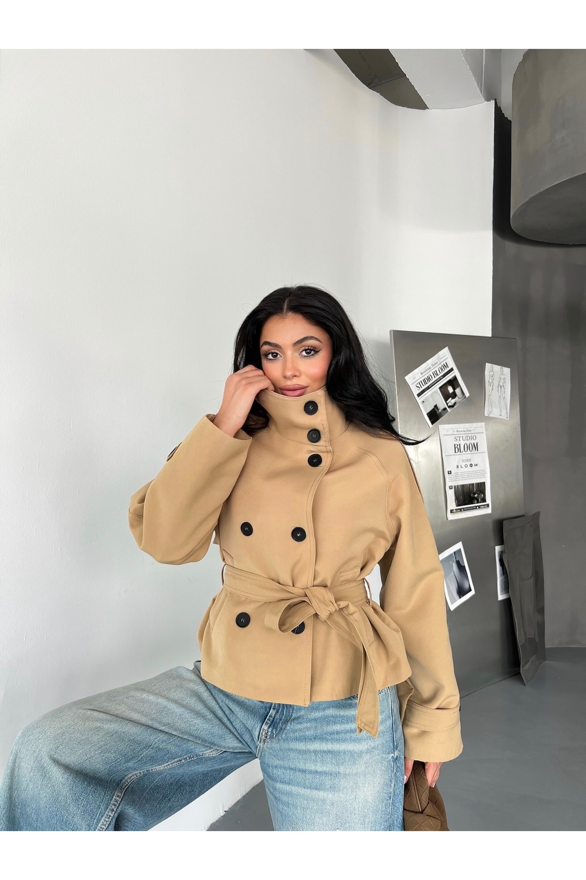 LB Laluna Butik Kadın Kuşaklı Cepli Dik Yaka Trençkot
