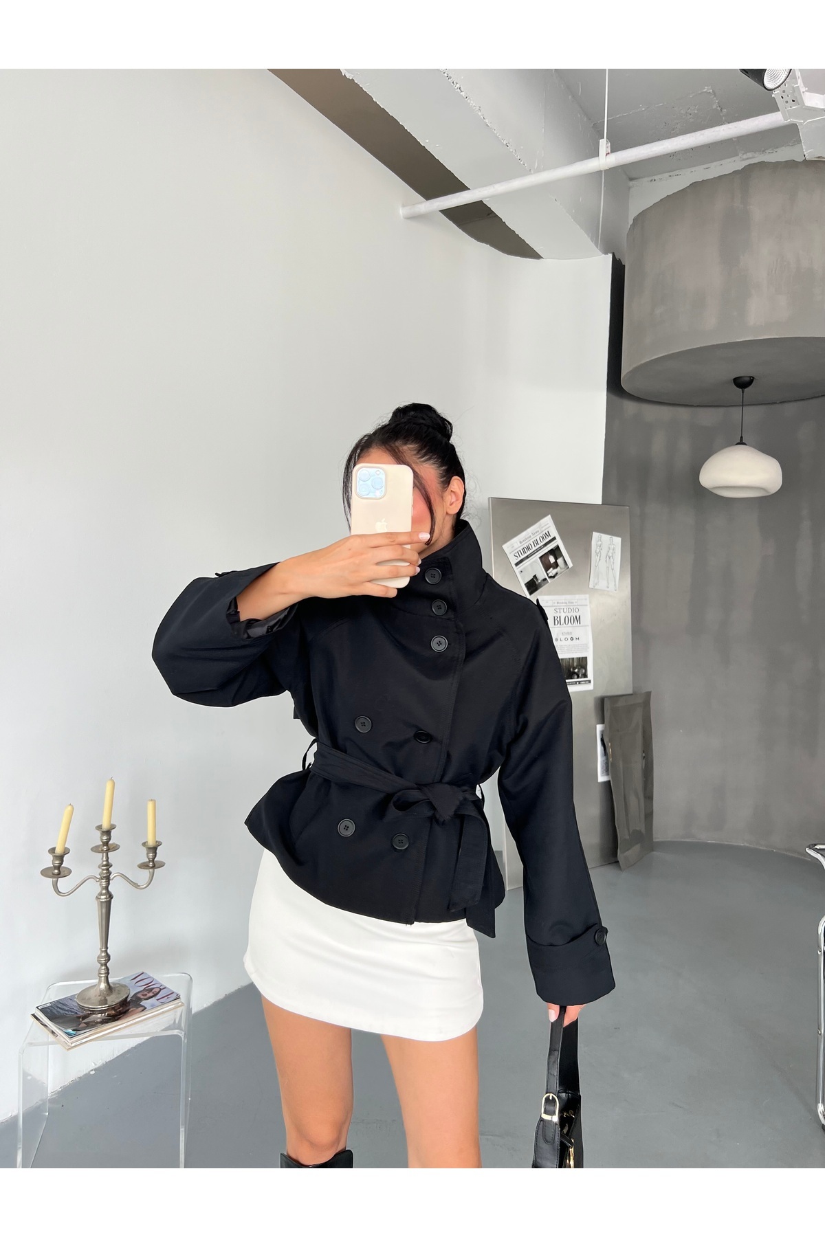 LB Laluna Butik Kadın Kuşaklı Cepli Dik Yaka Trençkot