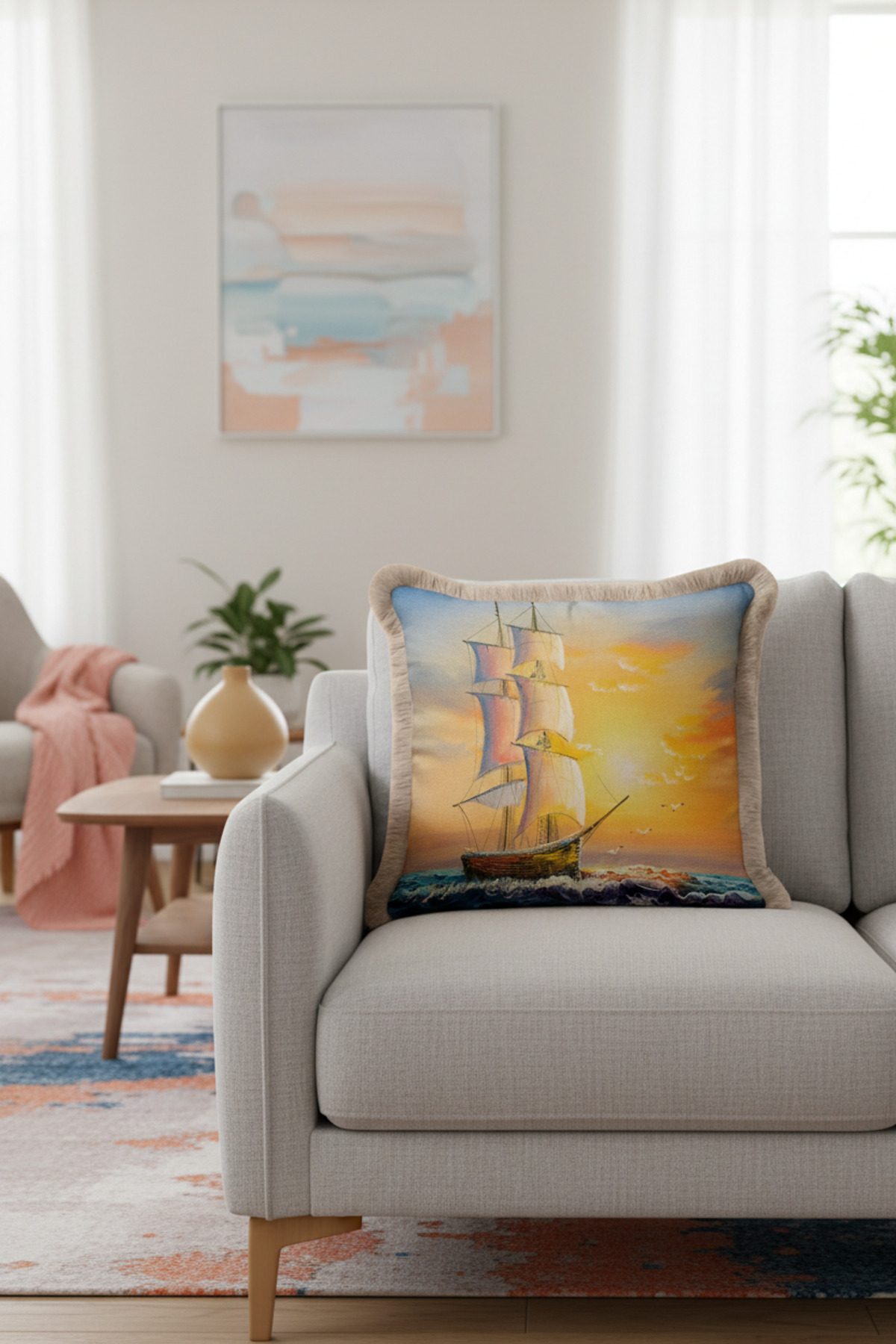 Vintage Sailing Oil Painting Fringed Pillowcase - Sailor Rustic Blue Yellow Tasseled Pillowcase