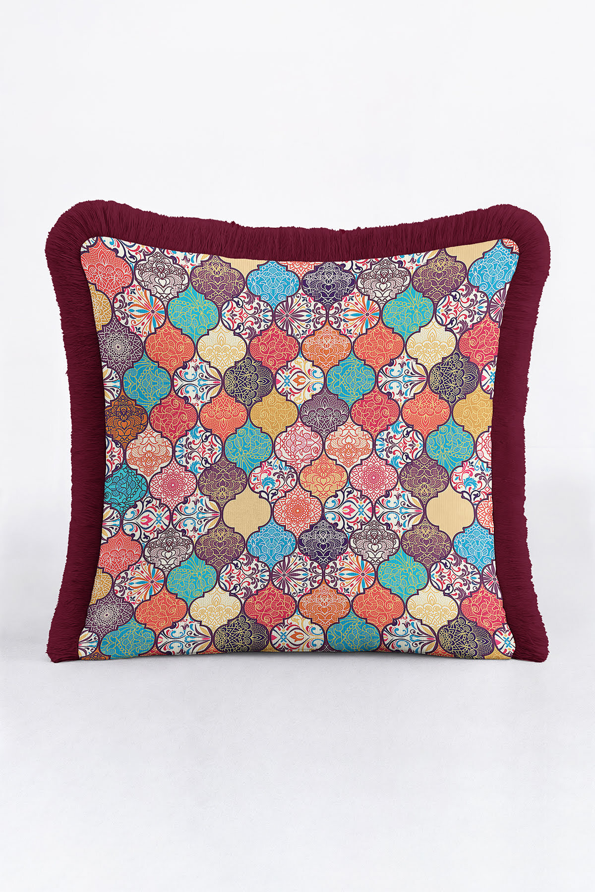 Luxury Palace Motif Fringed Pillowcase - Traditional Bohemian Purple Yellow Tassel Pillowcase