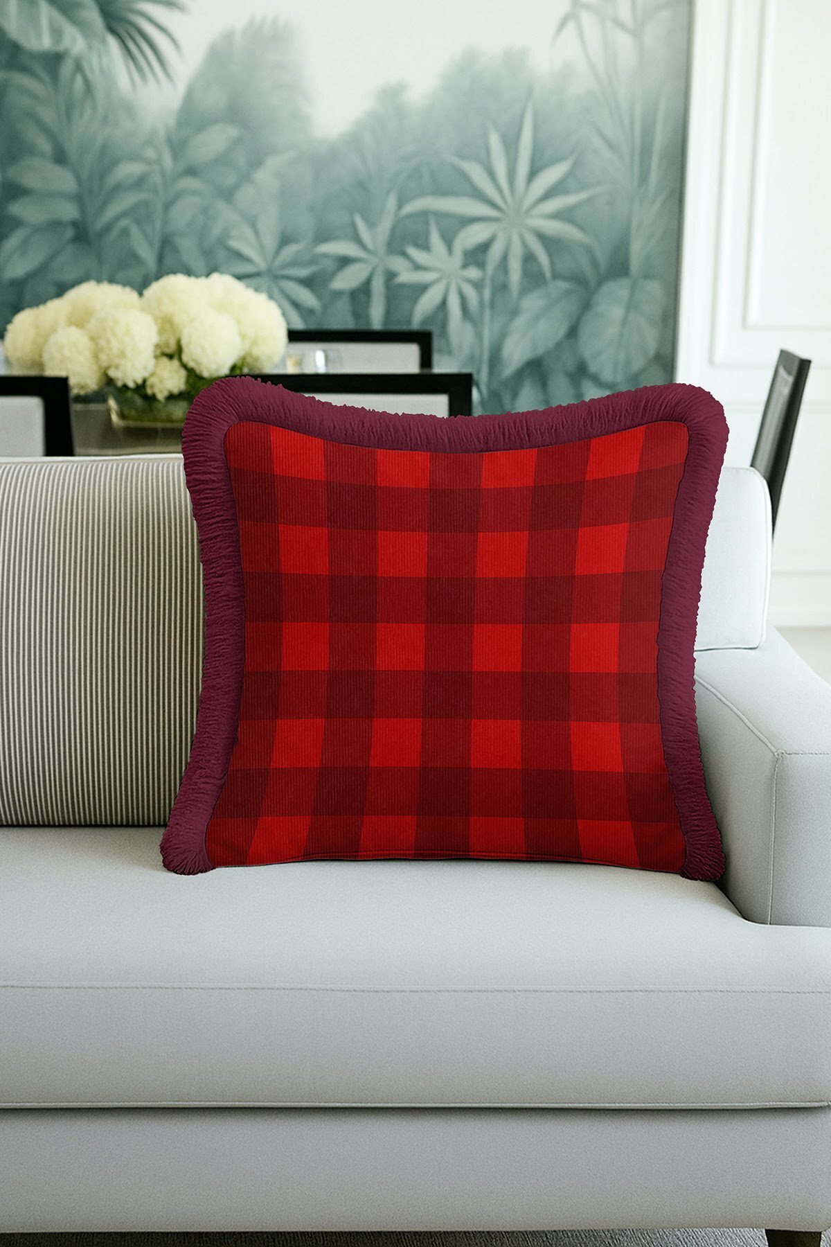 Luxury Plaid Fringed Pillowcase - Plaid Modern Burgundy Red Tassel Pillowcase