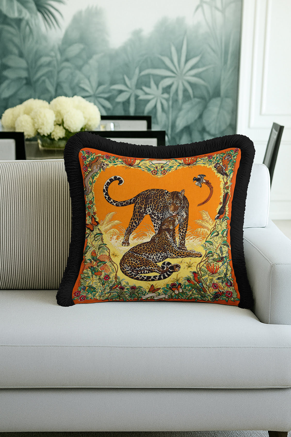 Luxury Leopard Motif Fringed Pillowcase-Exotic Nature Themed Bohemian Orange Tassel Pillowcase