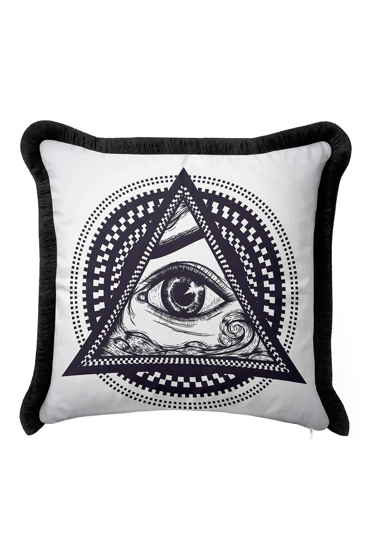 Mystic Triangle Eye Fringed Pillowcase - Glazed Illusion Bohemian Black and White Tasseled Pillowcase