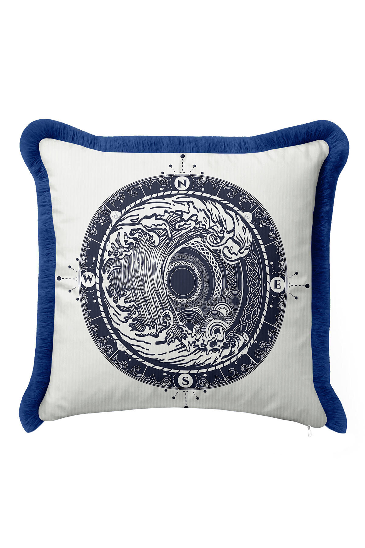 Yin Yang Waves Fringed Pillowcase - Compass Nautical Navy Blue Modern Tassel Pillowcase