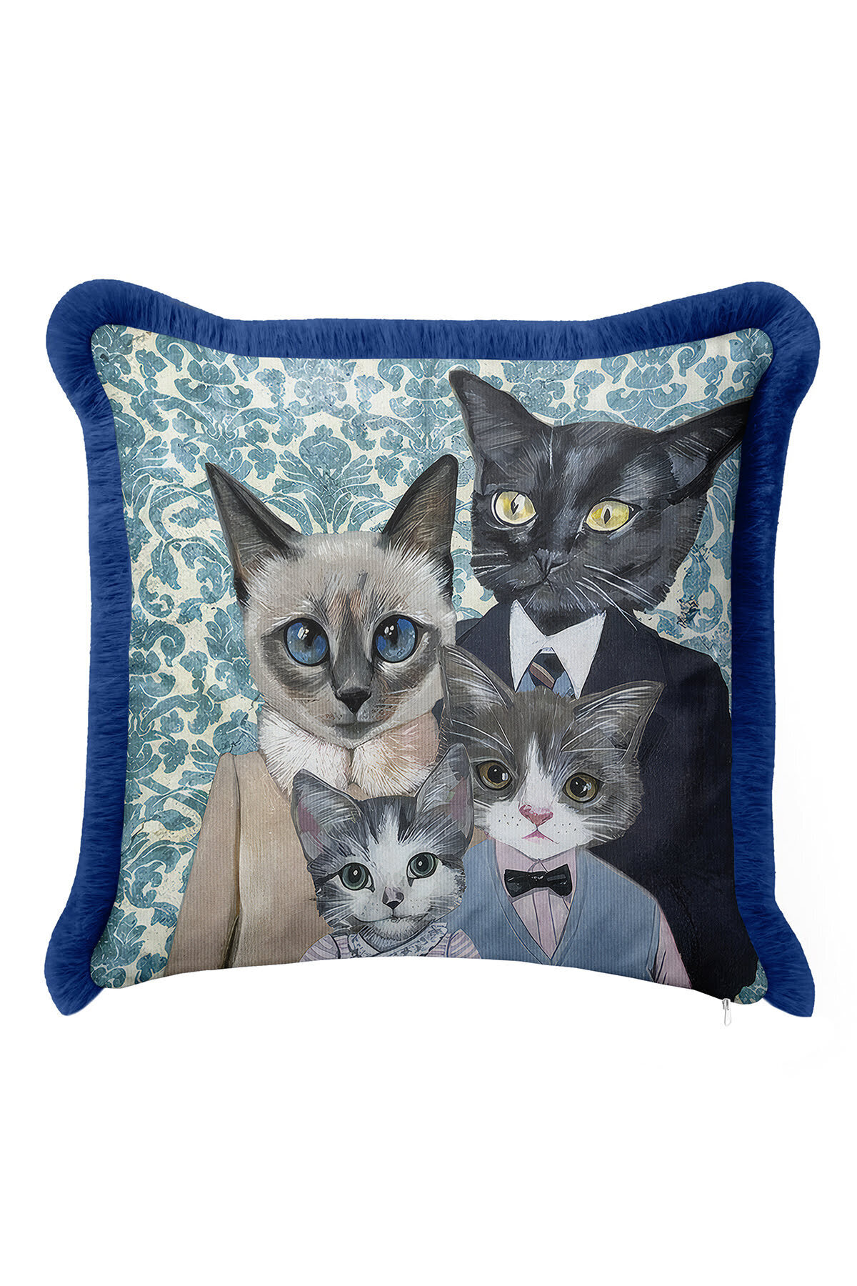 Elegant Vintage Cat Family Fringed Pillowcase - Artistic Bohemian Blue Tassel Pillowcase