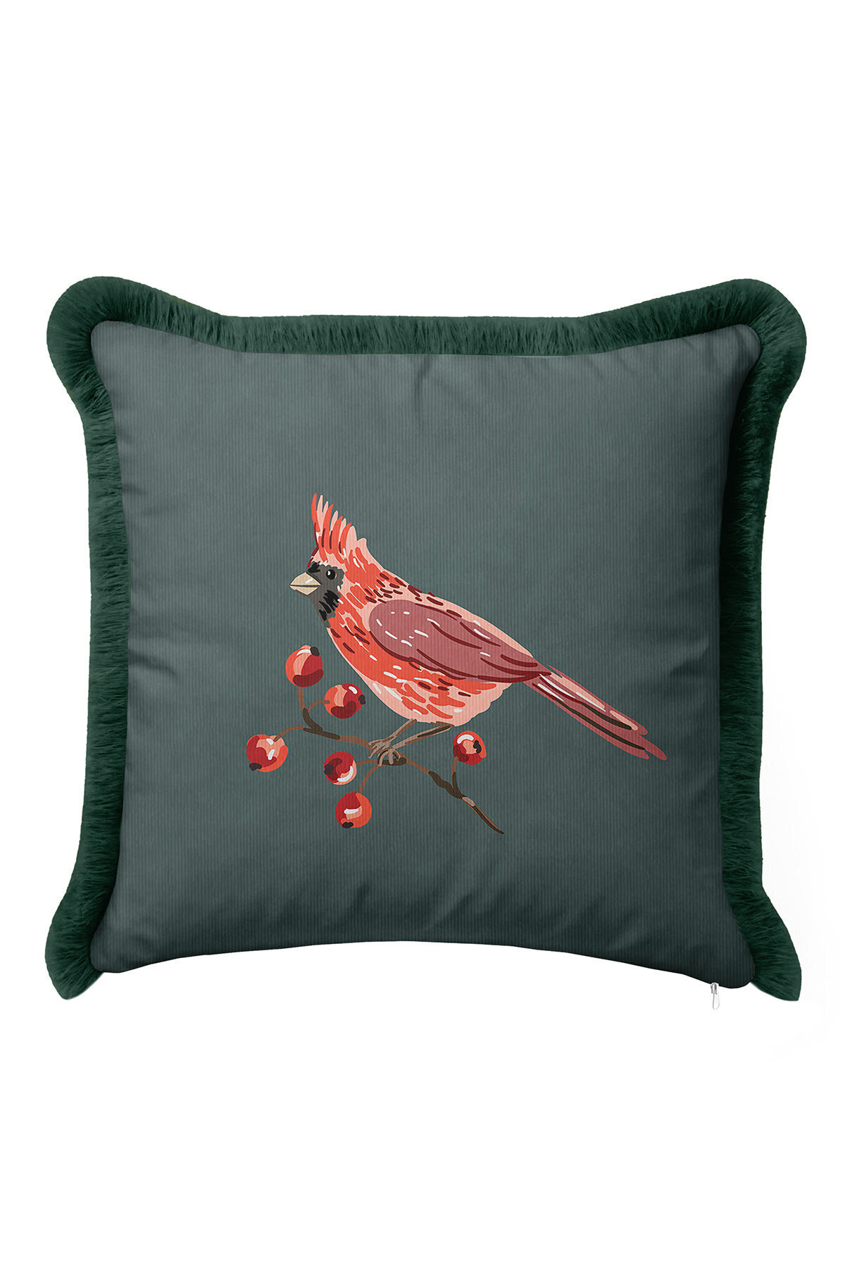 Bird Fringed Pillowcase - Natural Garden Vintage Dark Green Fringed Pillowcase