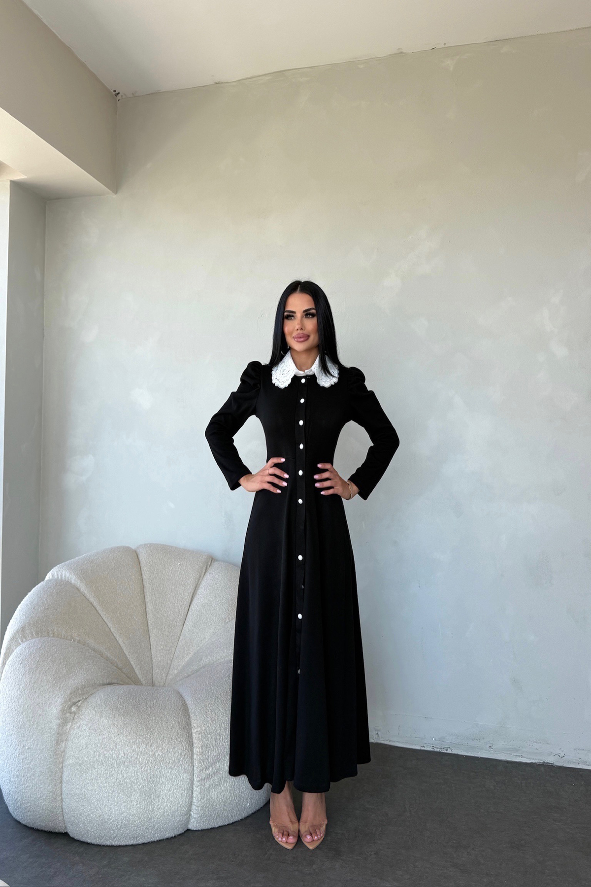 LİLA İSTANBUL Lace Collar Buttoned Front Knitwear Dress- Trendyol