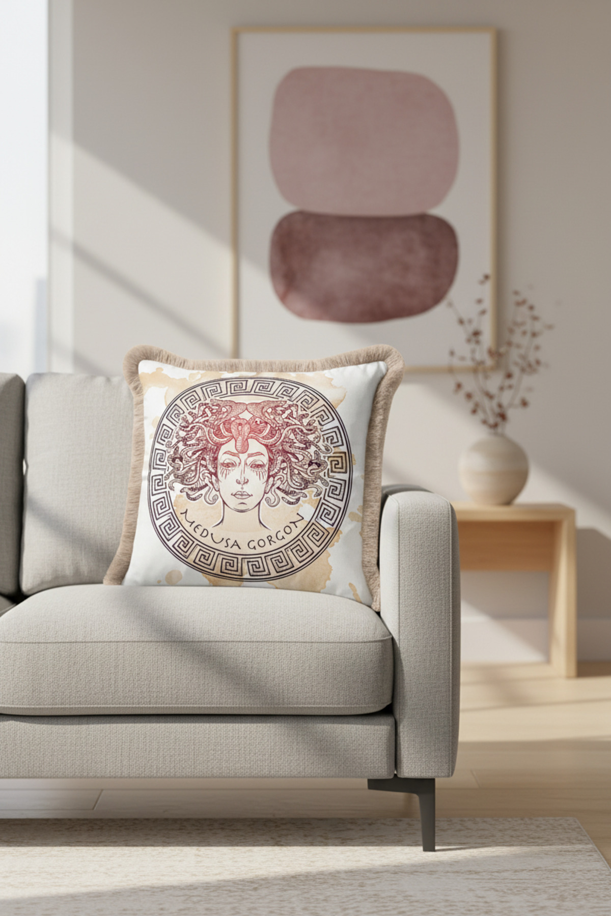 Mythical Medusa Fringed Pillowcase - Pillowcase With Ancient Greek Breeze Beige Cream Tassel