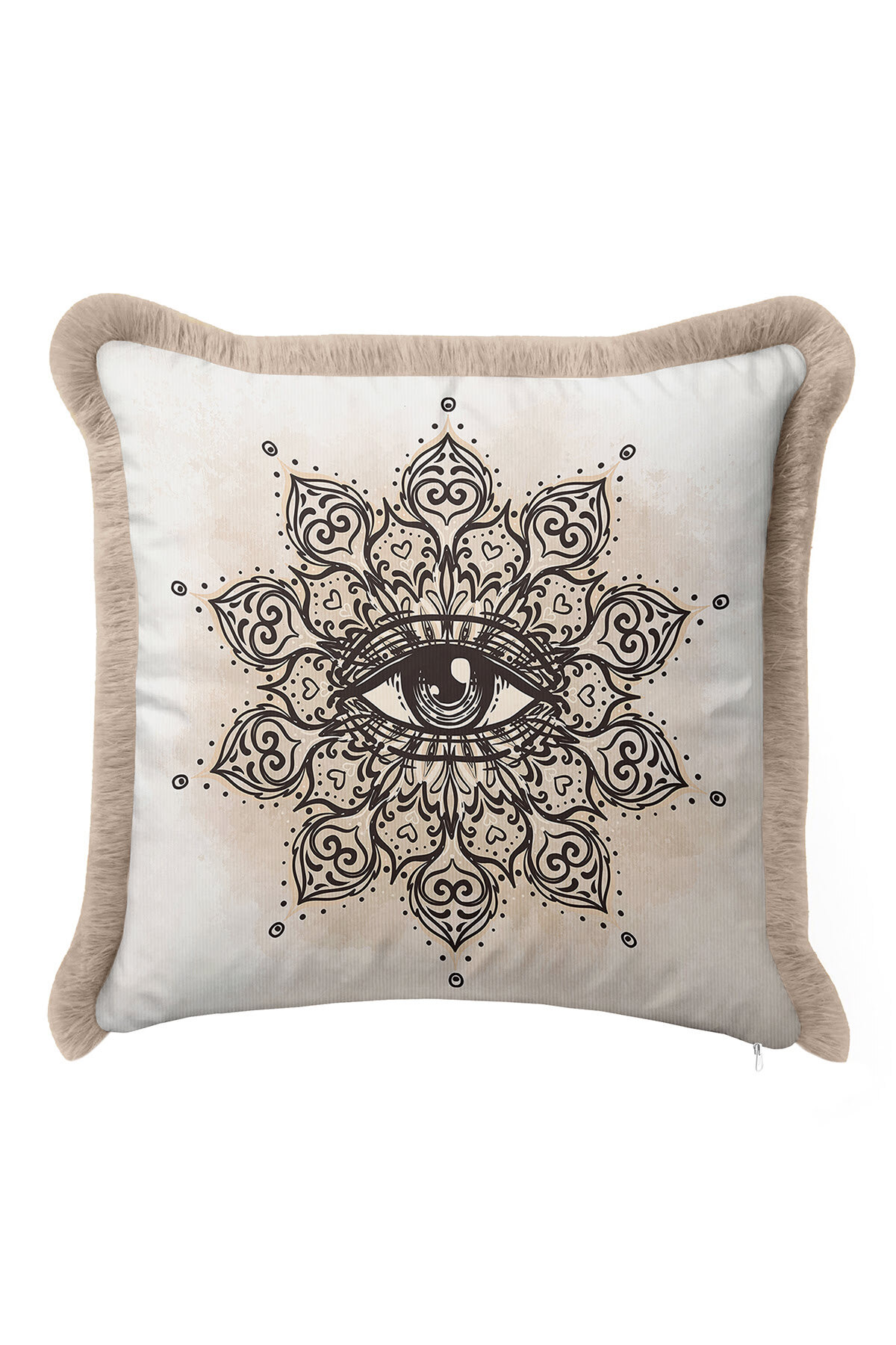 Mystic Mandala Eye Fringe Pillowcase - Spiritual Bohemian Beige Black Tassel Pillowcase
