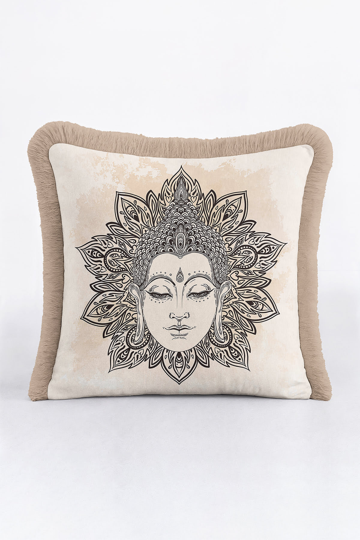 Mandala Art Fringed Pillowcase - Spiritual Bohemian Buddha Beige Fringed Pillowcase