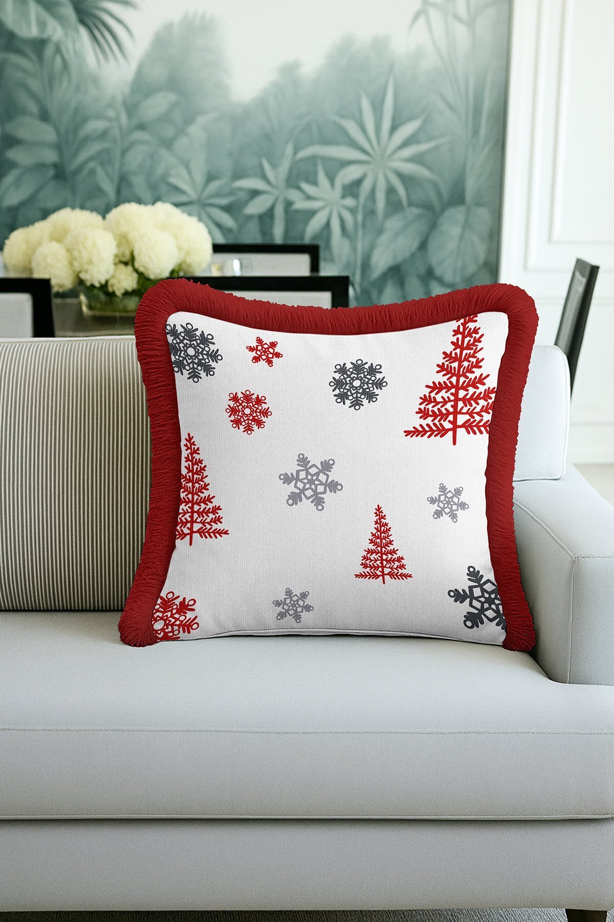 Winter Garden Fringed Pillowcase - Snow Themed Modern Red Grey Tassel Pillowcase