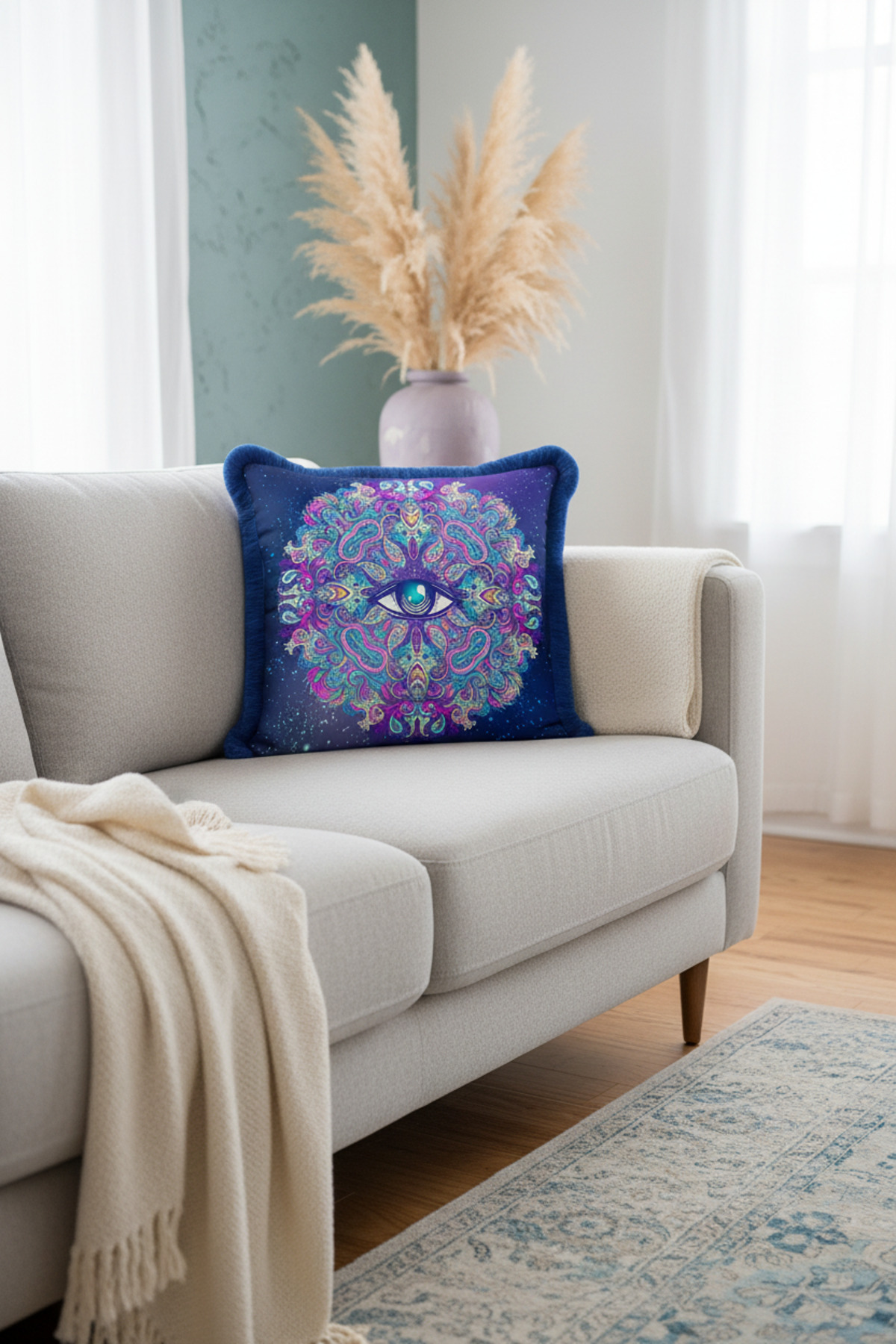 Luxury Mandala Art Fringed Pillowcase - Cosmic Bohemian Navy Blue Tassel Pillowcase