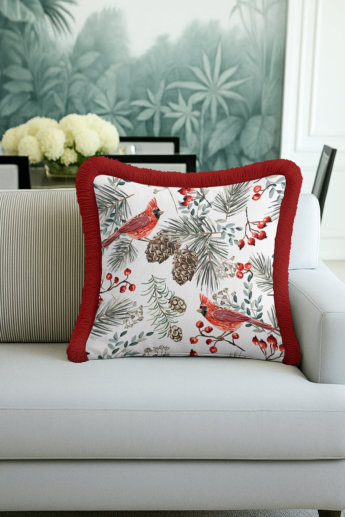 Luxury Winter Garden Fringed Pillowcase - Red Bird Nature Rustic Green Tassel Pillowcase