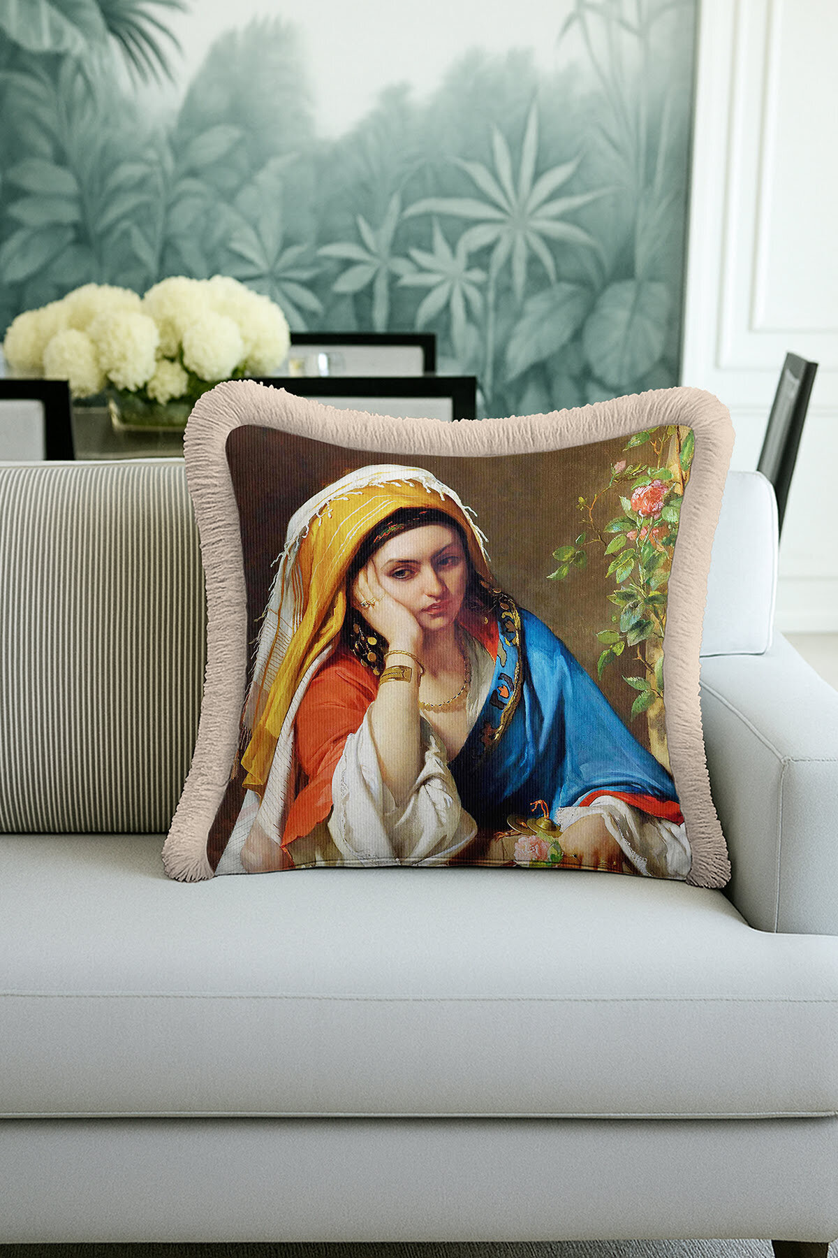 Palace Breezy Classic Art Fringed Pillowcase - Vintage Bohemian Blue Cream Fringed Pillowcase