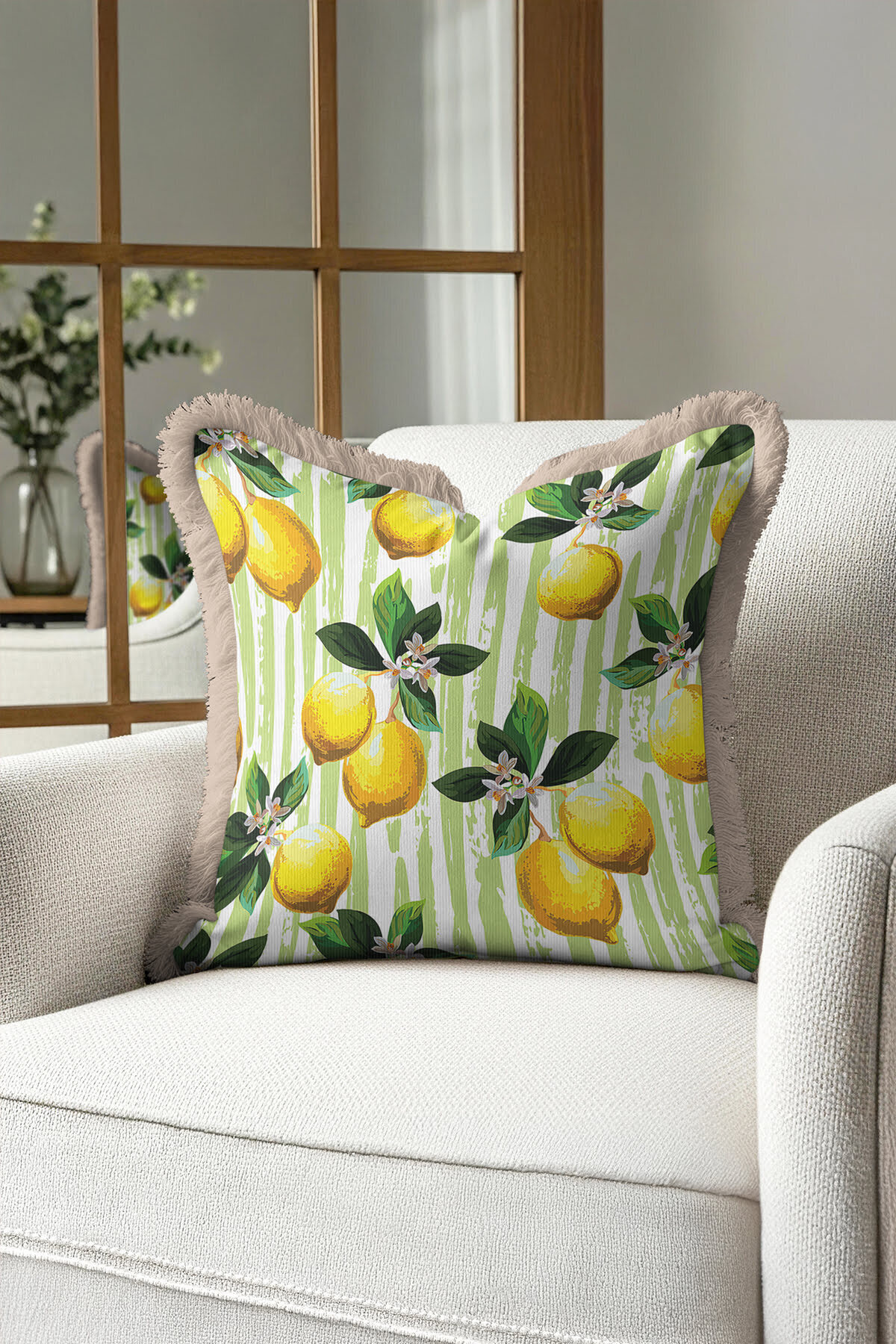 Mediterranean Lemon Garden Fringed Pillowcase-Vibrant Green Yellow Botanical Modern Tassel Pillowcase