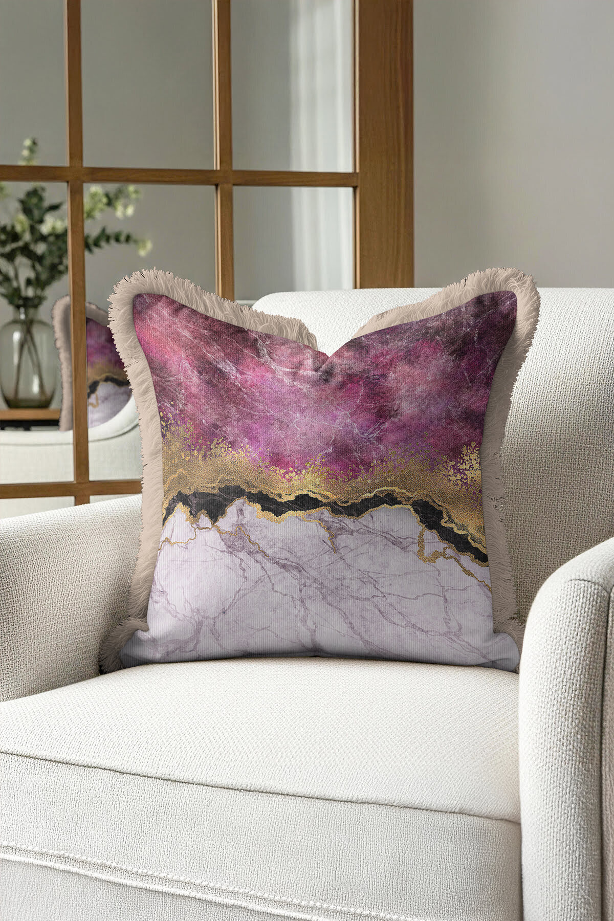 Luxury Marble Effect Fringed Pillowcase - Uncommon Bohemian Purple Gold Tassel Pillowcase