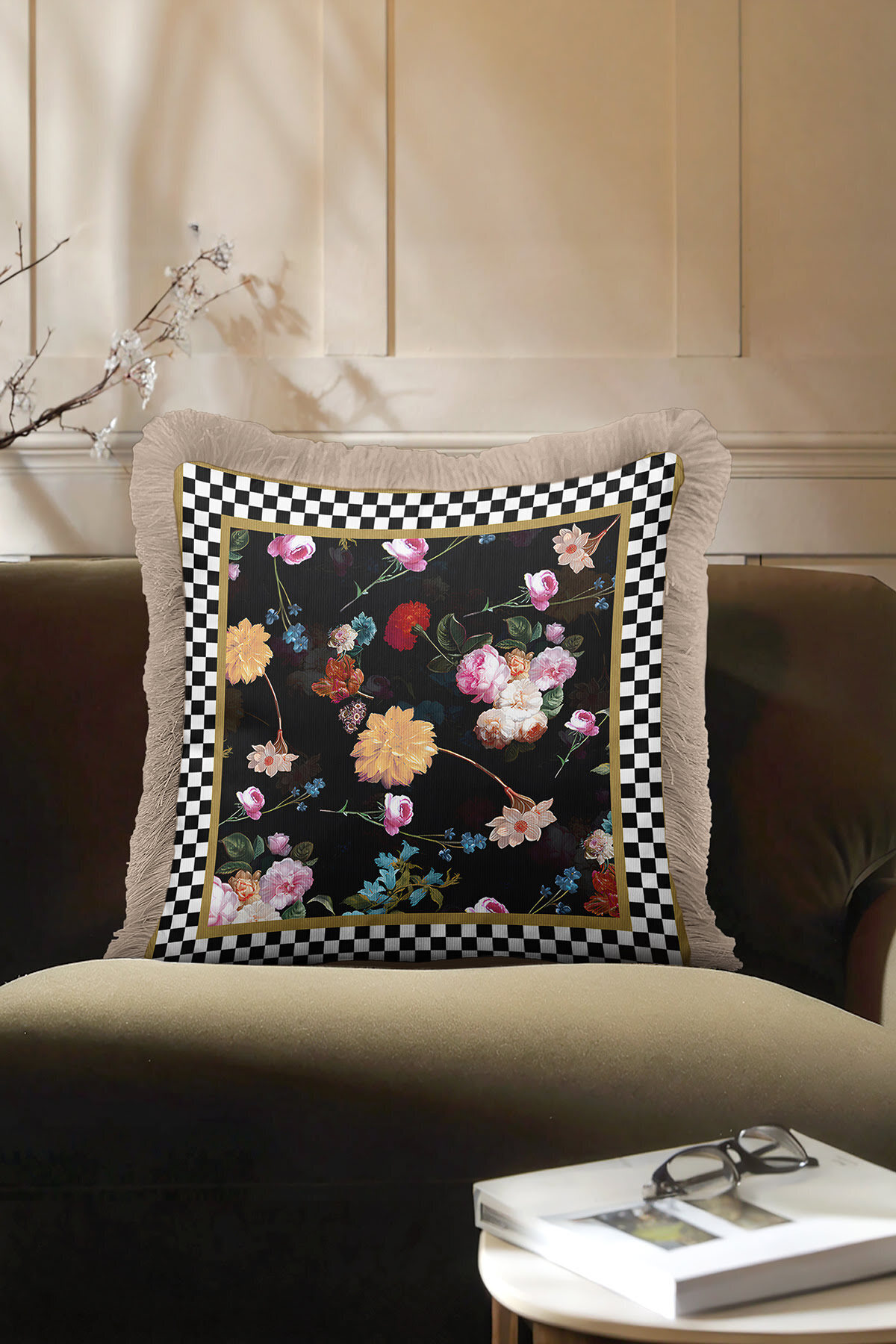 Baroque Floral Fringed Pillowcase - Luxury Bohemian Black Gold Fringed Pillowcase
