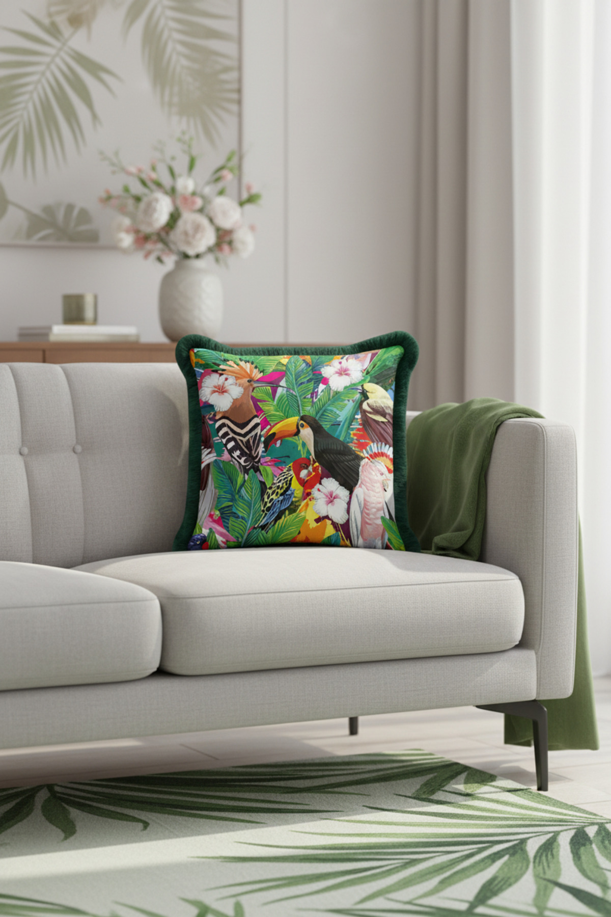 Exotic Tropical Birds Fringed Pillowcase - Amazon Natural Green Tassel Pillowcase