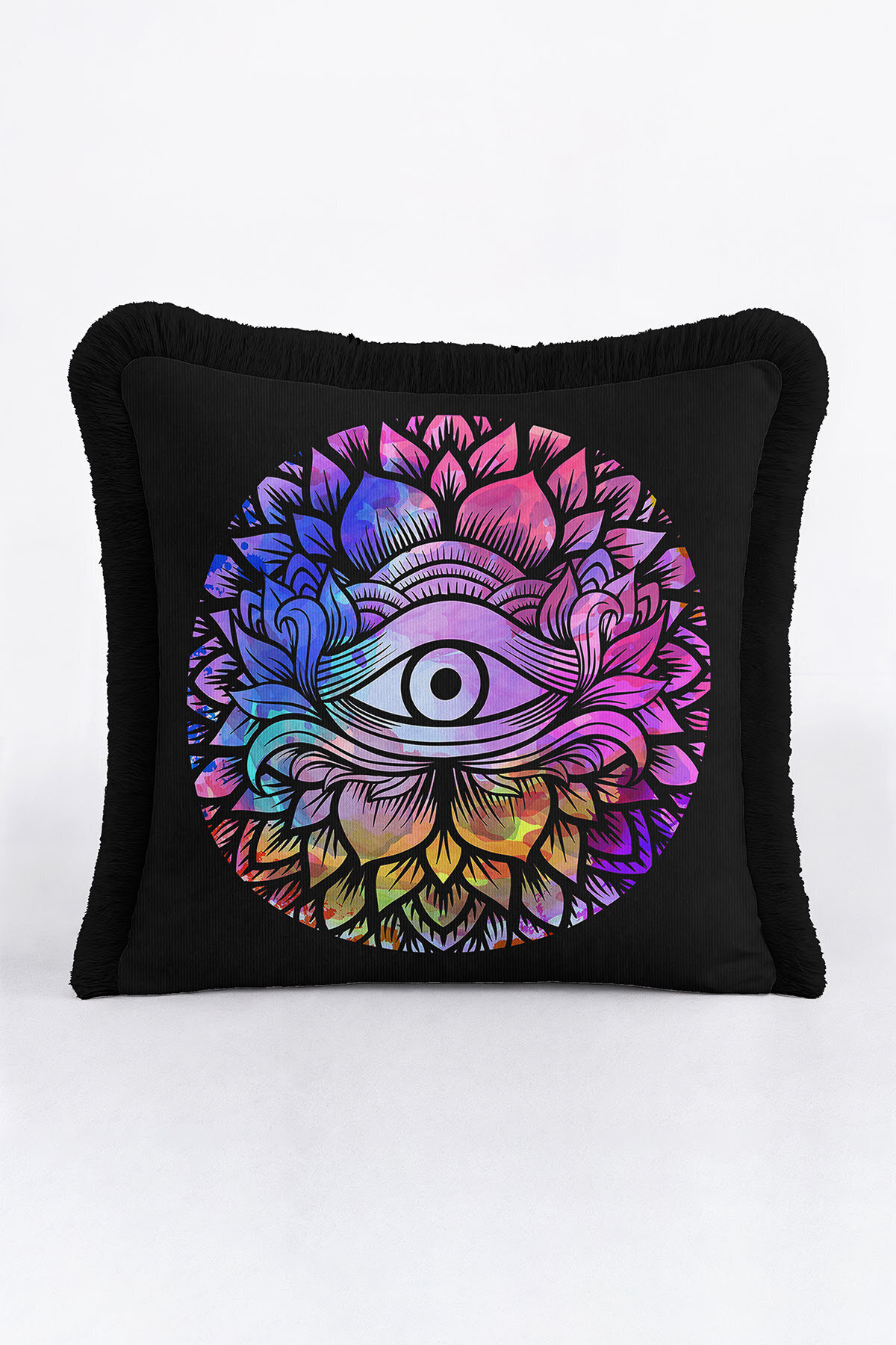 Spiritual Lotus Motif Fringed Pillowcase - Mystic Bohemian Multicolored Tassel Pillowcase