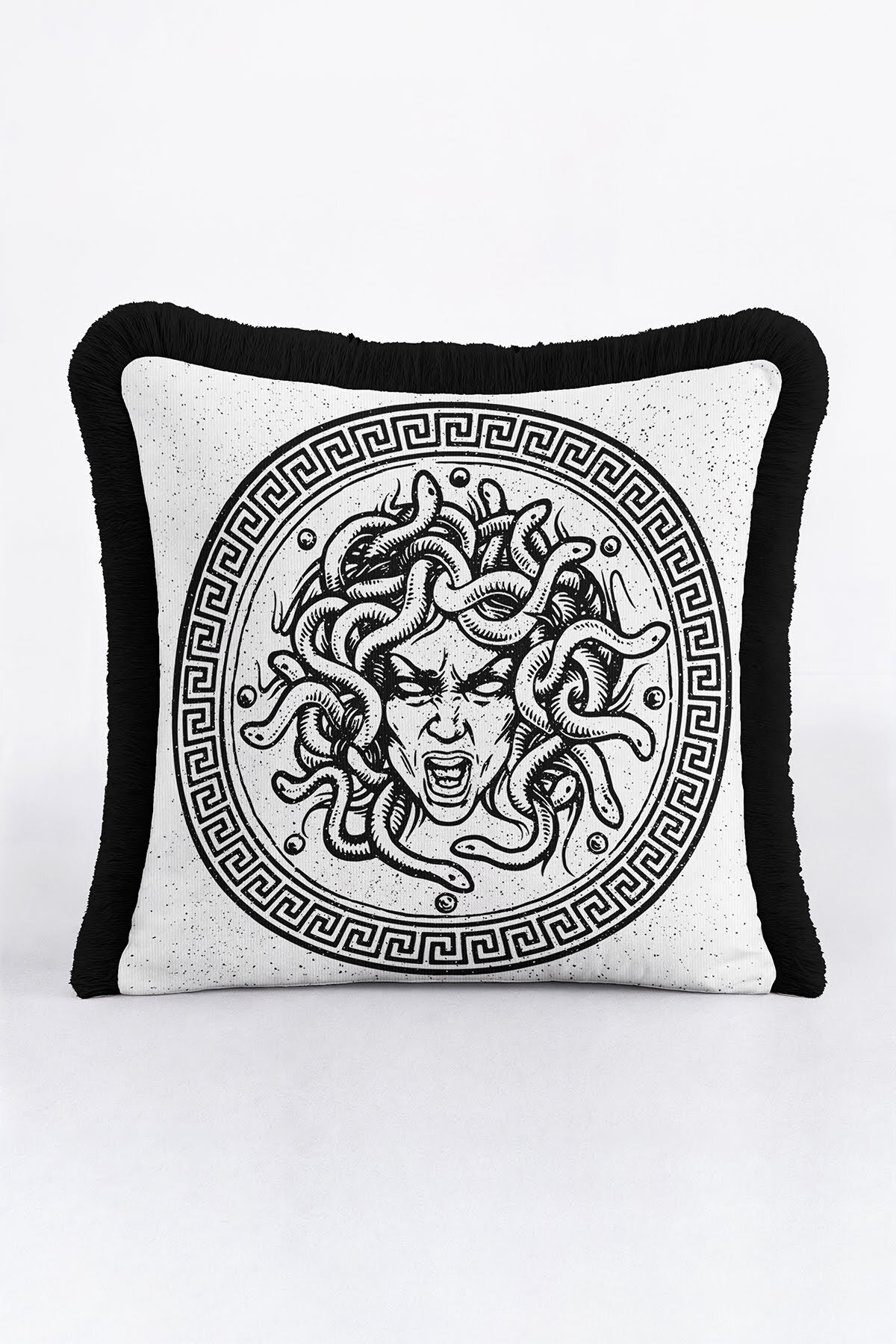 Mythic Medusa Fringed Pillowcase - Modern Black Fringed Pillowcase with Greek Inspiration