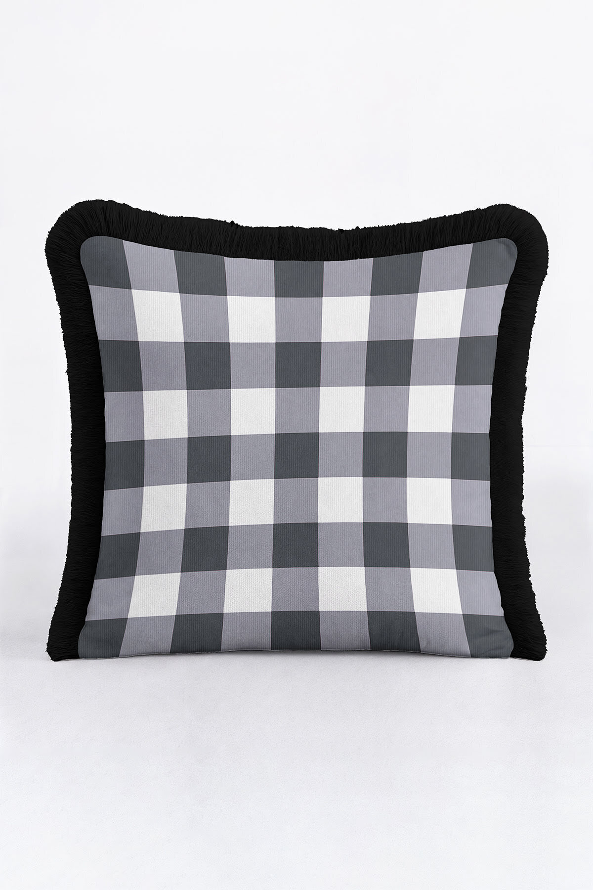 Modern Plaid Fringed Pillowcase - Classic Plaid Monochrome Rustic Black Tassel Pillowcase