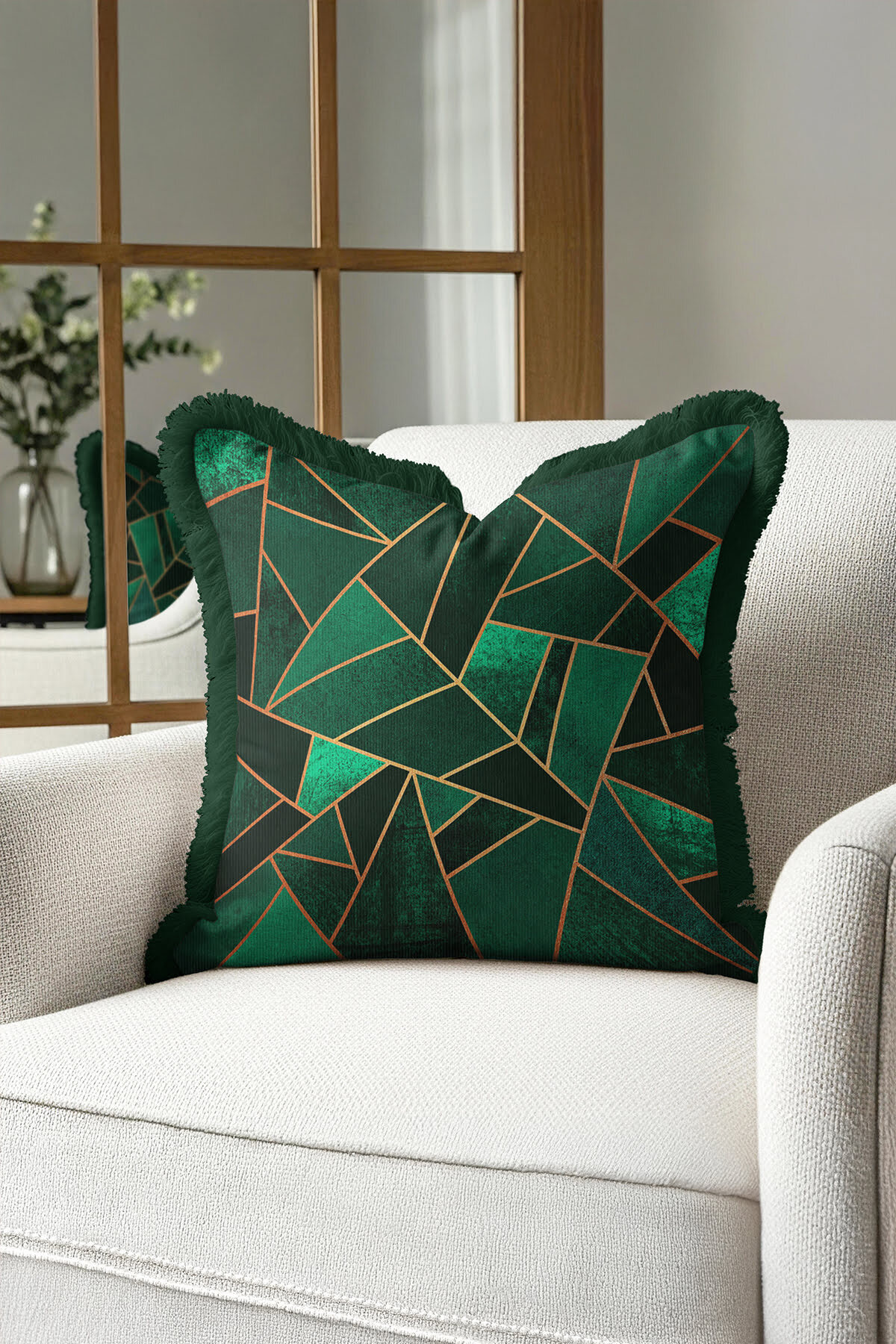 Geometric Gold Fringed Pillowcase - Emerald Green Modern Luxury Fringed Pillowcase