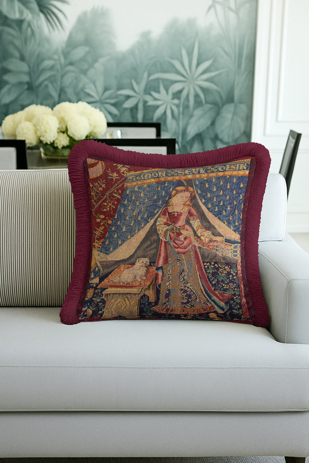 Medieval Palace Fringed Pillowcase-Classic Color Gothic Blue Burgundy Tassel Pillowcase