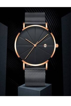 Takvimli Siyah Çelik Hasır Kordonlu Erkek Kol Saati Ince Şık Tasarım Kol Saati TasarımErkekSaat