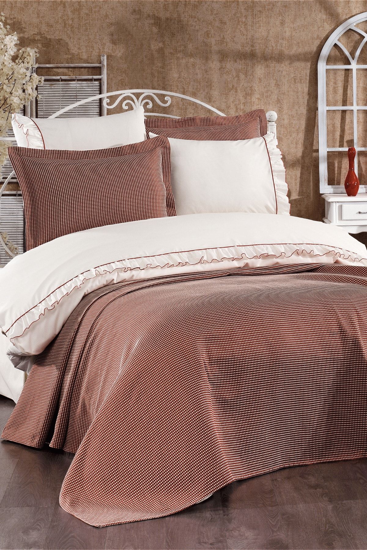 Luvana Home-Set cuvertură de pat și fețe de pernă decorative din bumbac, 3 bucăți, gresie 2