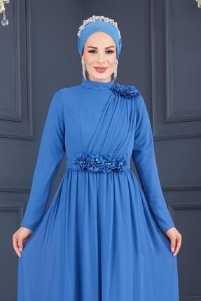 Kadın Gül Çiçek Detaylı Şifon Tesettür Abiye Elbise Mavi 7667