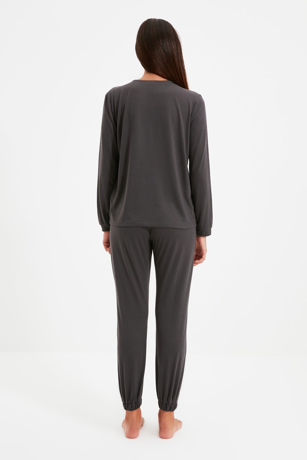 Trendyolmilla  Antrasit %100 Pamuklu Gömlek-Jogger Örme Pijama Takımı THMAW21PT0632 - Görsel 5