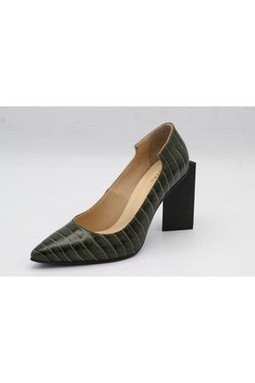 Kadın Hakiki Deri Yeşil Croco Topuklu Ayakkabı HS-6106