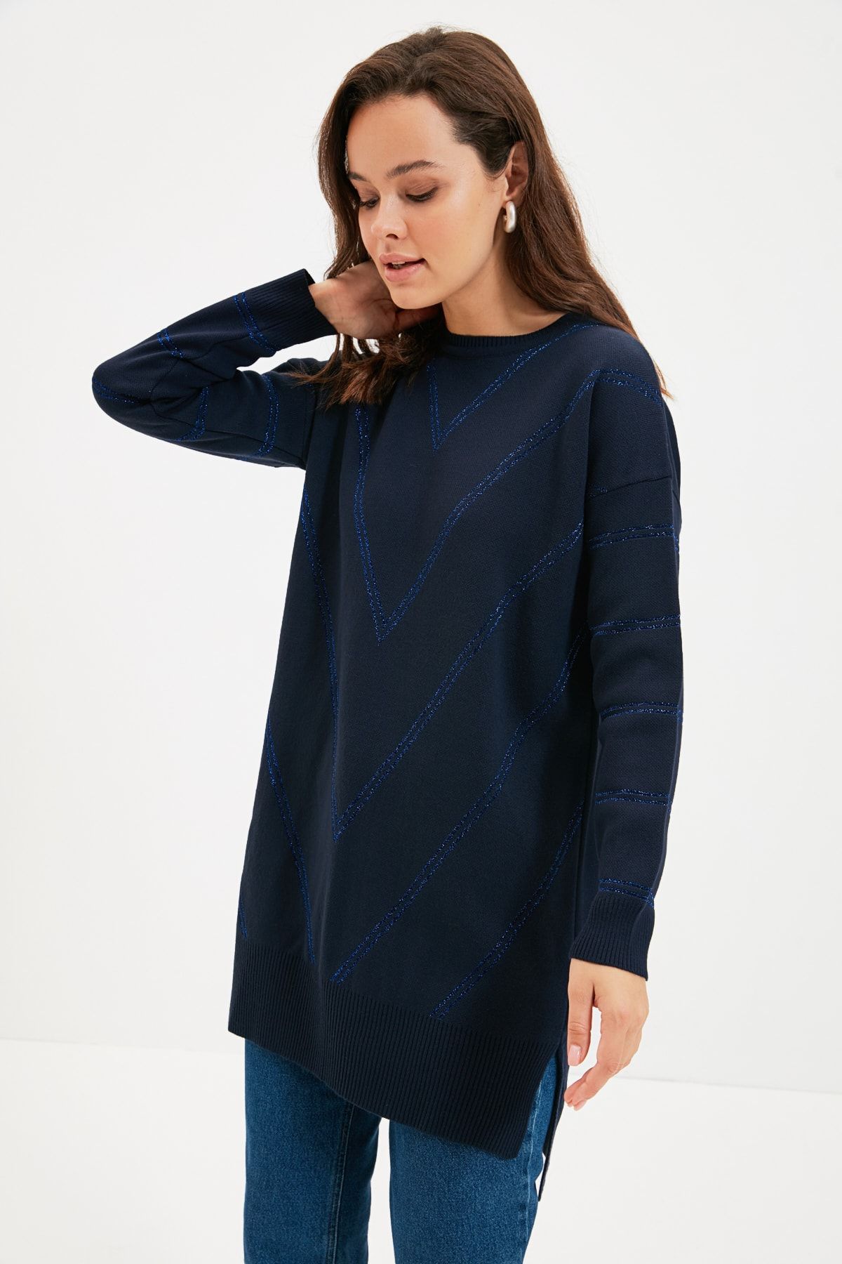 Trendyol Modest-Pulover lung din tricotaje cu sclipici albastru bleumarin TCTAW22AK0129 5