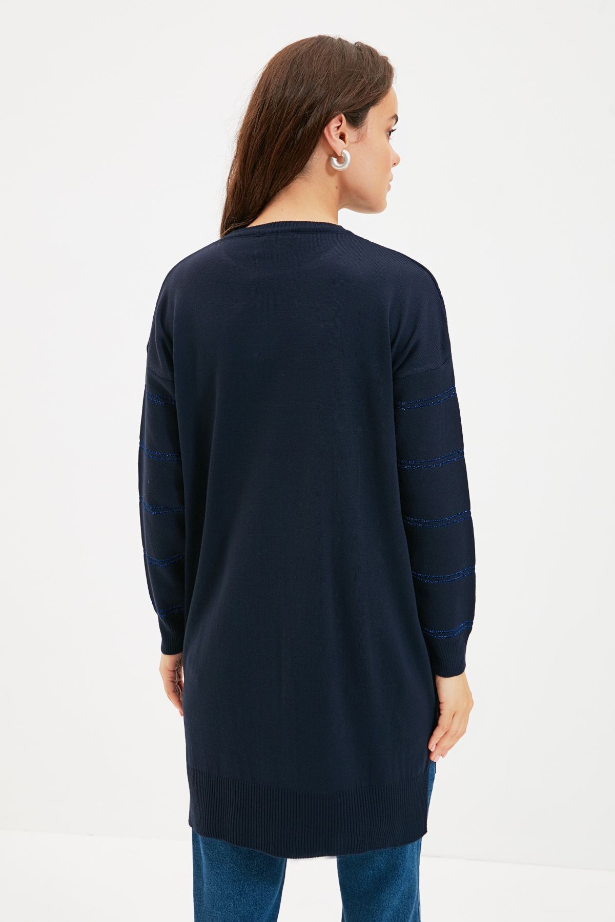 Trendyol Modest-Pulover lung din tricotaje cu sclipici albastru bleumarin TCTAW22AK0129 6