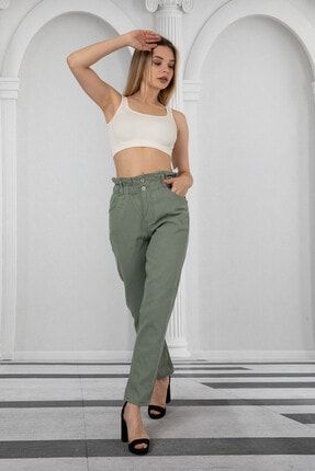 Kadın Su Yeşili Beli Lastikli Boyfriend Kot Pantolon Beli Büzgülü Mom Jean COMSTARMODA BEL LASTİKLİ