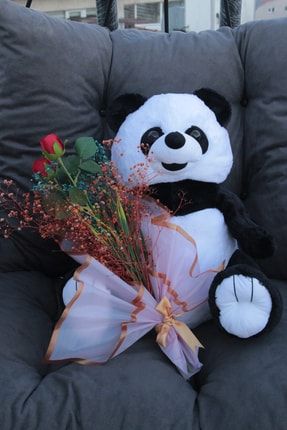 Sevimli Peluş Panda Kaliteli 50 cm Gül & Cipso Sarmalı Romantik Çiçek Demet Seti Sevgiliye Hediye MC-1199