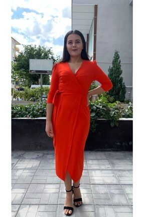 Kadın Mercan Kruvaze Anvelop Truvakar Kol Krep Şık Elbise YT61246