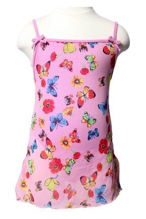 Ayl Kız Çocuk Pembe Kelebek Ve Çiçek Desenli Elbiseli Straplez Model Empirme Mayo 165-111 ÇME165-111