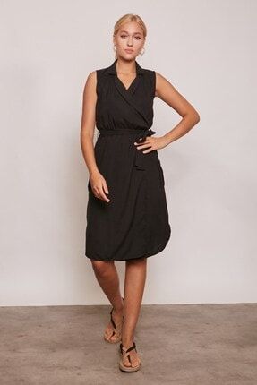 Iç Göstermez Viskon Poplin Yakalı Kruvaze Anvelop Kemerli Cep Detaylı Elbise -siyah 50102