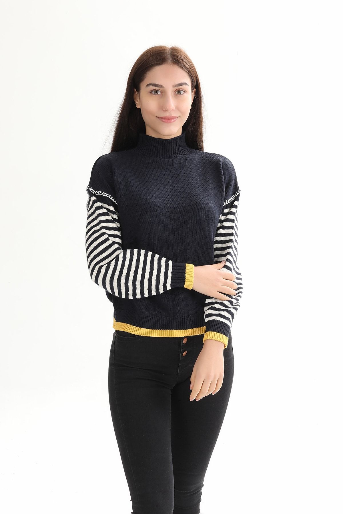 TopShop-Navy Blue Women's Sweater with Striped Sleeves 4