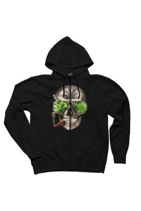 Kuru Kafa Marijuana Siyah Fermuarlı Kapşonlu Sweatshirt ZK-367