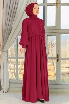 Tesettürlü Abiye Elbise - Kolları Dantelli Bordo Tesettür Abiye Elbise 54030br ARM-54030