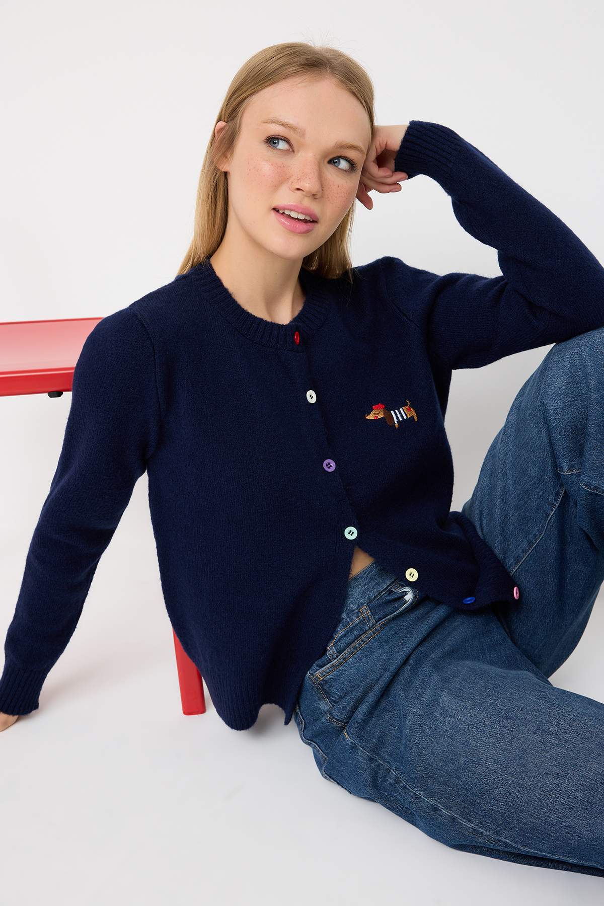 Trendyolmilla  Lacivert Bisiklet Yaka Yumuşak Dokulu Köpek Nakışlı Triko Hırka TWOAW26HI00274 - Görsel 2