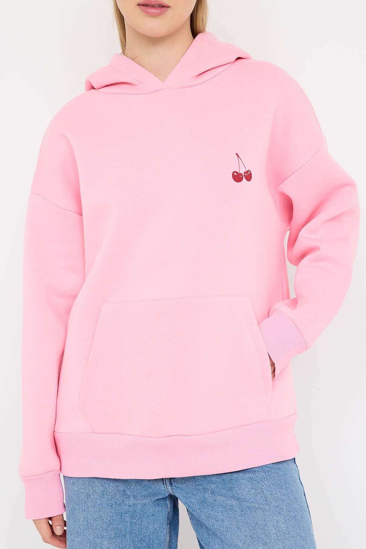 Trendyolmilla  Açık Pembe Sırt ve Ön Baskılı Kapüşonlu Oversize/Geniş Kalıp Örme Sweatshirt TWOAW26SW00042 - Görsel 3