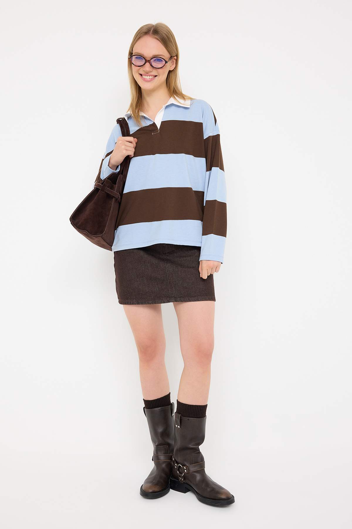 Trendyolmilla  Kahverengi Çizgili Polo Yaka Oversize/Geniş Kalıp Örme Sweatshirt TWOAW26SW00051