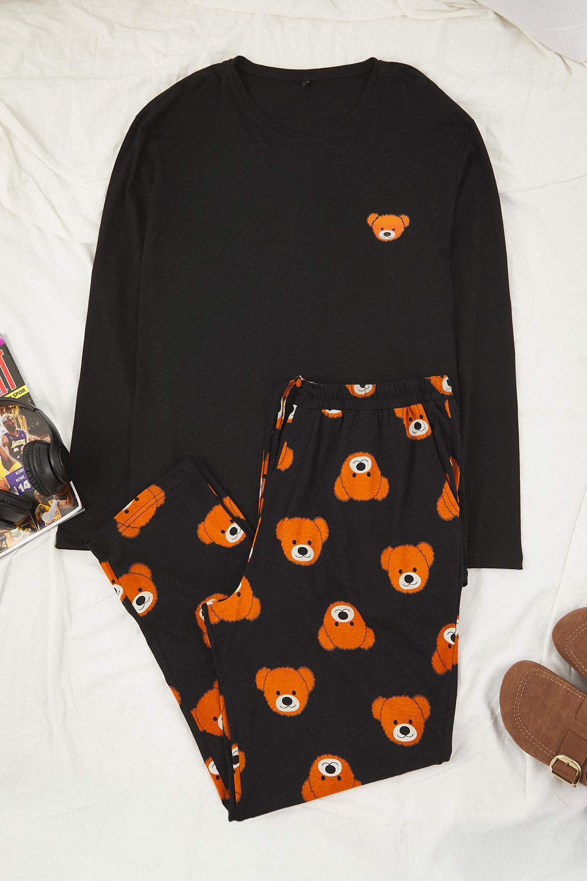 Trendyolmilla Man Siyah Regular Kesim Ayıcık Baskılı Büyük Beden Örme Pijama Takımı TMNAW26AI00001