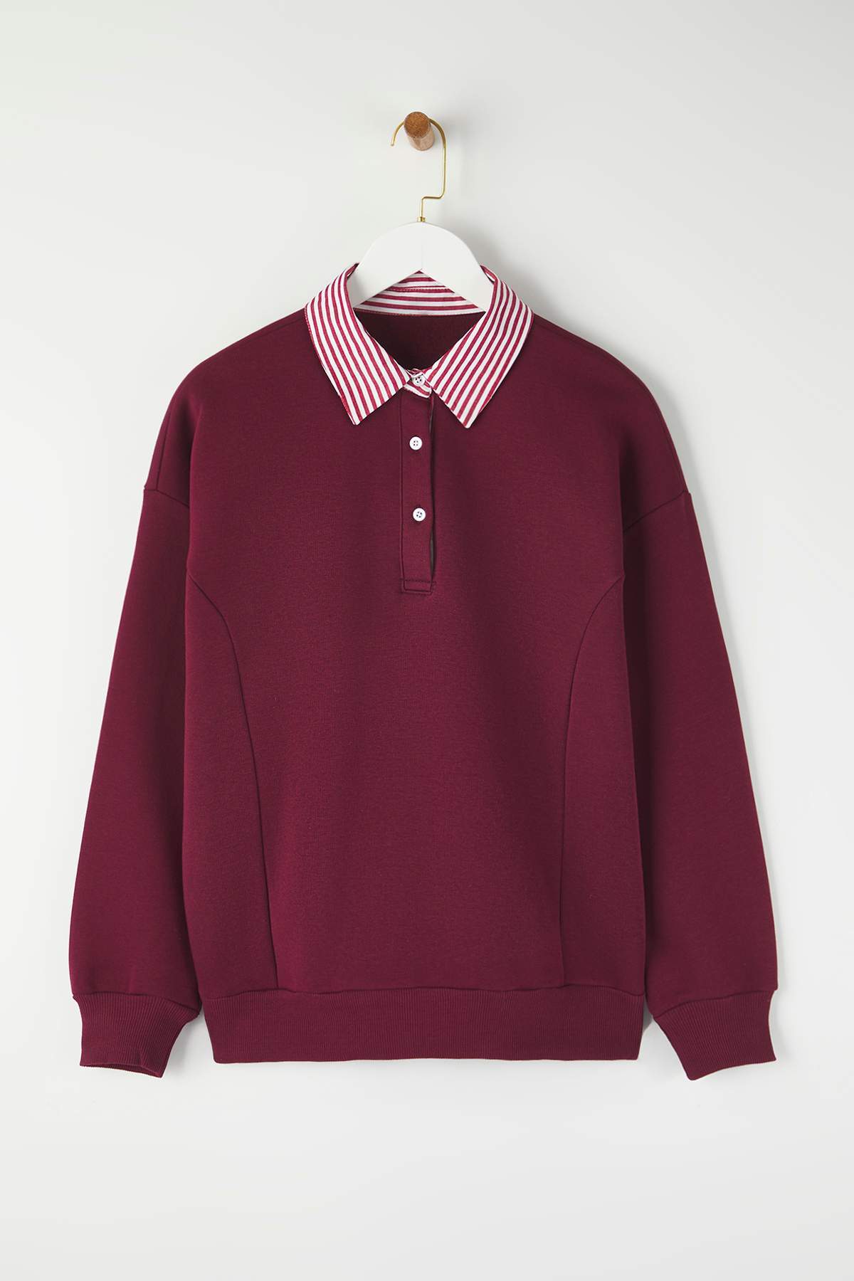 Trendyolmilla  Bordo Dokuma Garni Detaylı Oversize Kalıp Polo Yaka Kalın içi Polarlı Örme Sweatshirt TWOAW26SW00116 - Görsel 5