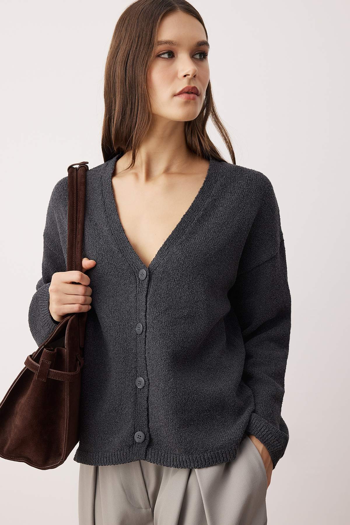 Trendyolmilla  More Sustainable Antrasit Pamuk Karışımlı Kalıp Triko Hırka TWOAW26HI00107