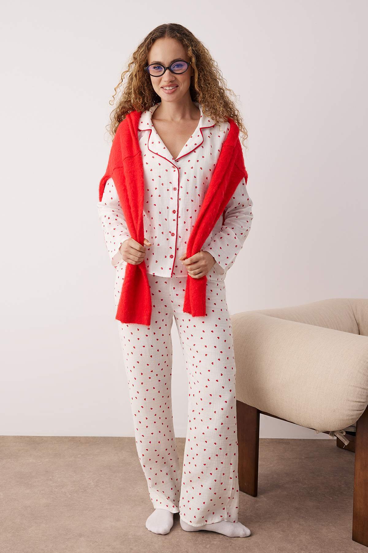 Trendyolmilla  Ekru %100 Pamuklu Kalpli Müslin Kumaş Dokuma Pijama Takımı THMAW26PT00110 - Görsel 2