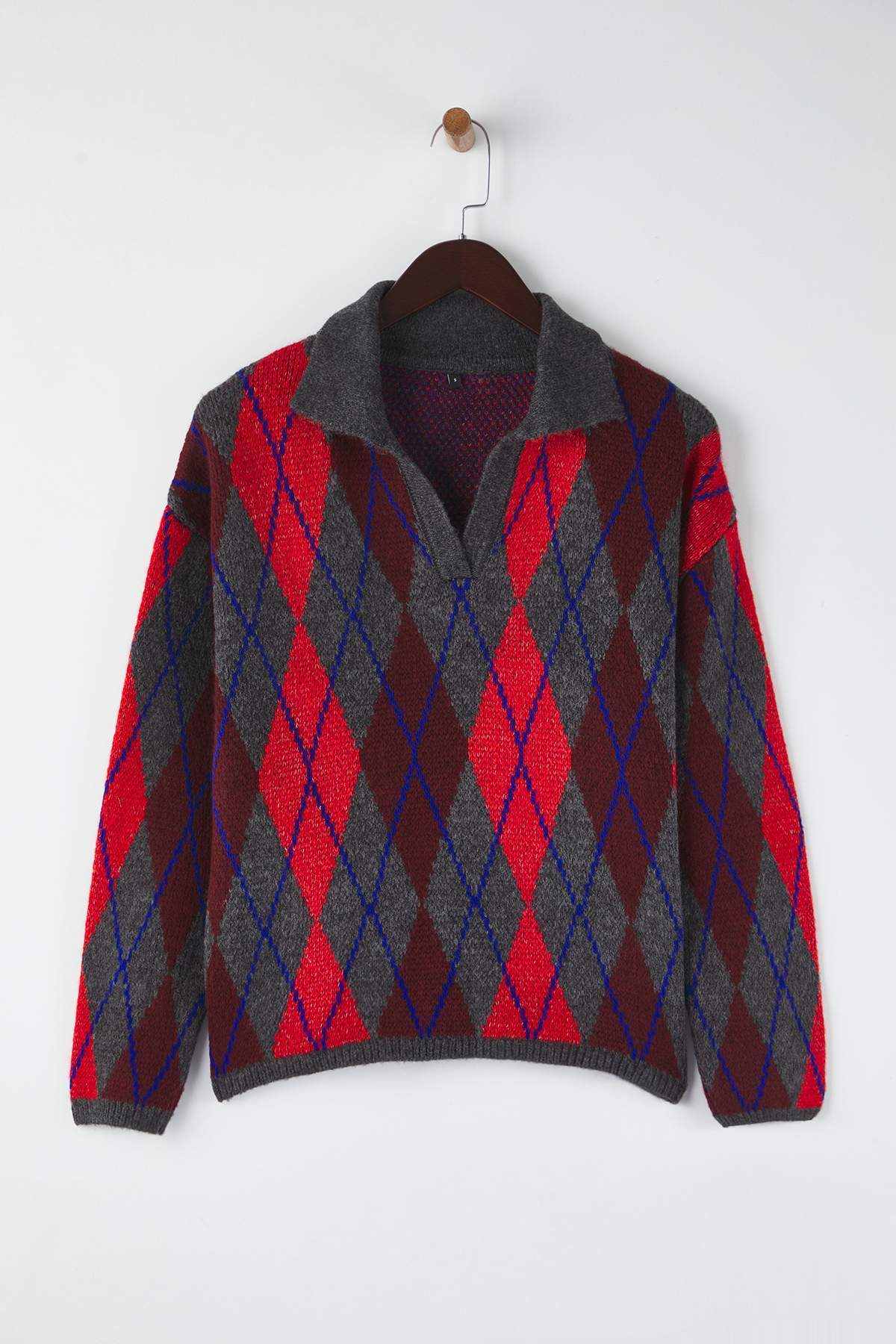 Trendyolmilla  Antrasit Baklava/Ekose Desenli Polo Yaka Triko Kazak TWOAW26KZ00231 - Görsel 6